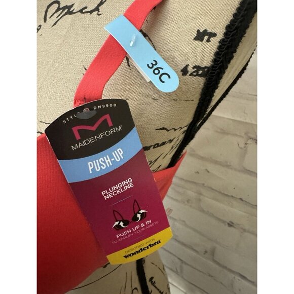 Maidenform Bra 36C Red Stone Push Up And In Plunging Neckline Lace DM9900 New - Picture 2 of 9